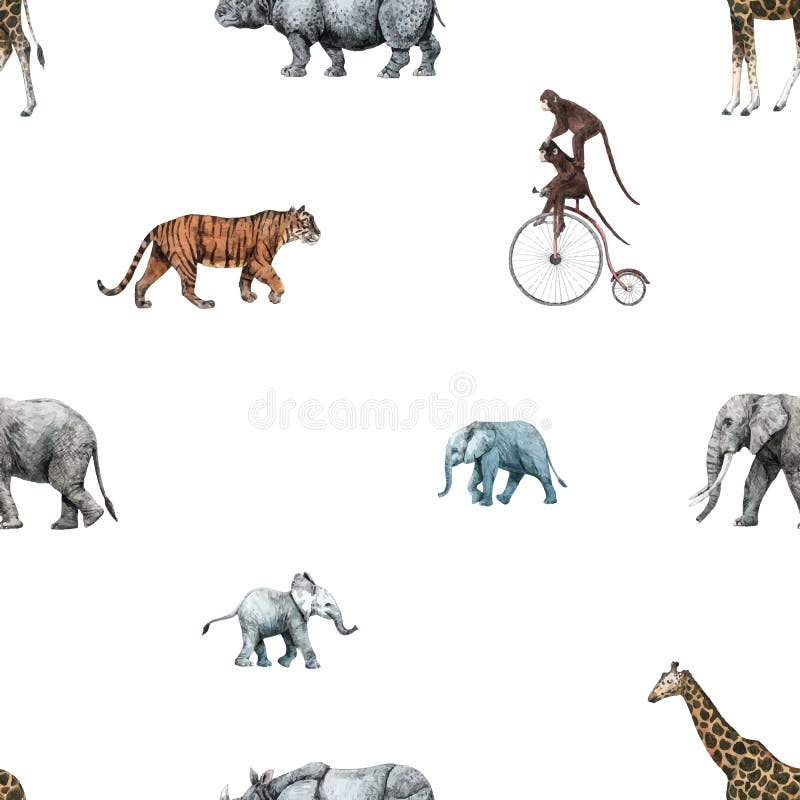 Beautiful vector stock seamless pattern with cute hand drawn safari giraffe elephant tiger monkey rhinoanimal pencil