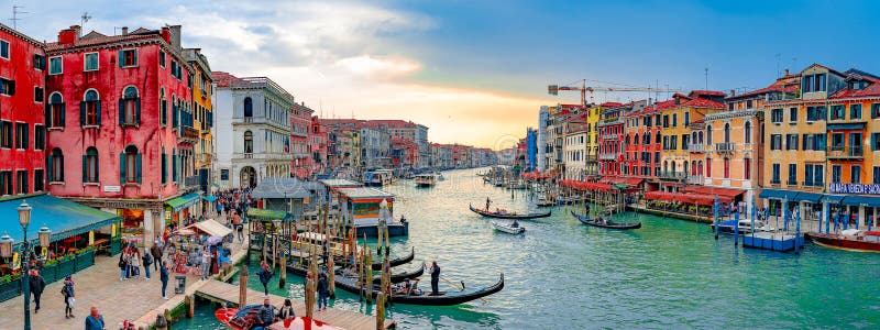 Beautiful Venice narrow canals, with many classic gondolas