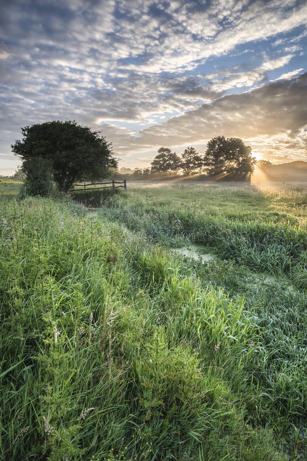 Beautiful Vibrant Summer Sunrise Over English Countryside Landscape