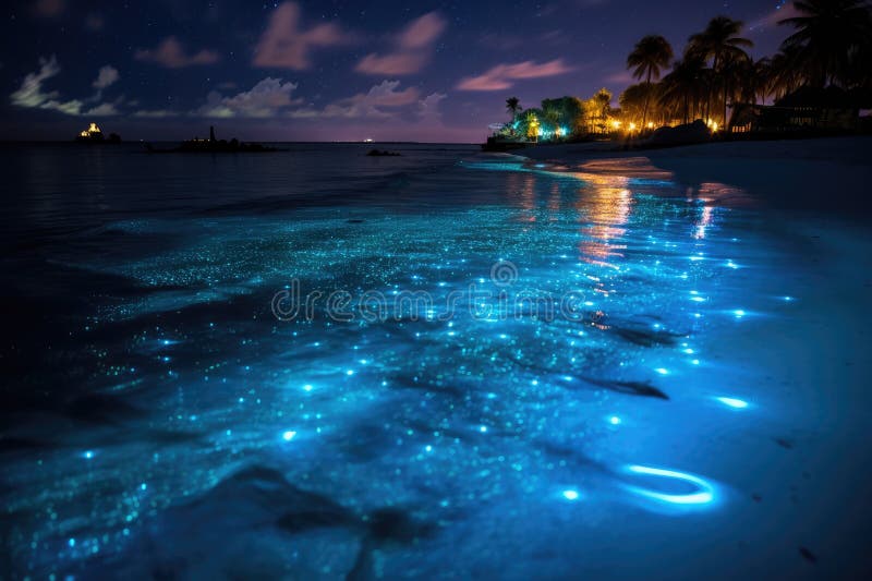 Beautiful view of the beach at night with starry sky, Bioluminescence, Night beach scene in the Maldives with bioluminescent plankton illuminating the waterline, AI Generated