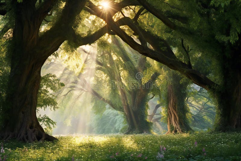 Vedere frumoasă a copacului mare din pădure cu raze de soare royalty free illustration