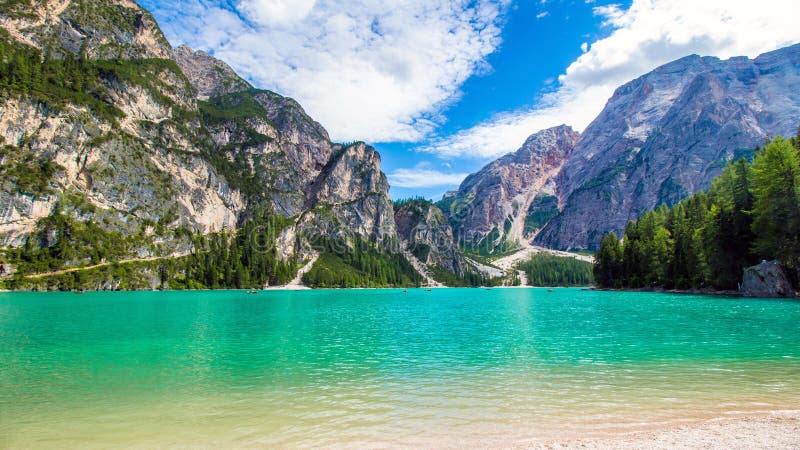 Braies lake in South Tyrol stock image. Image of idyllic