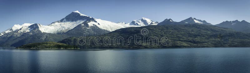 Beautiful view of the Chilean Fjords region in south Patagonia in Chile. Cruise ship sailing the Glacier Alley from the Beagle