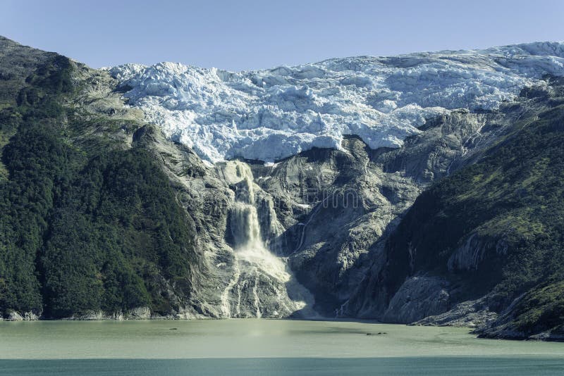 Beautiful view of the Chilean Fjords region in south Patagonia in Chile. Cruise ship sailing the Glacier Alley from the Beagle