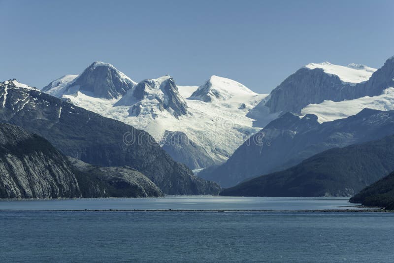 Beautiful view of the Chilean Fjords region in south Patagonia in Chile. Cruise ship sailing the Glacier Alley from the Beagle