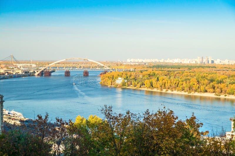 Beautiful View of the Dnieper River with Ships in Kiev Stock Photo