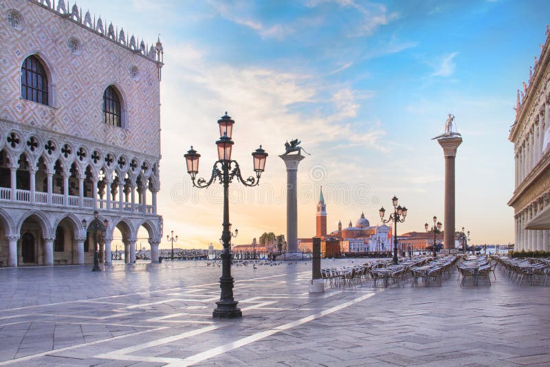 Beautiful view of the Doge`s Palace and St. Mark`s column on Piazza San Marco in Venice, Italy