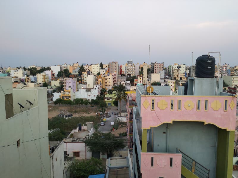 Beautiful view downtown and cityscape of Bengaluru City with Top of the Building Watertank fixed for water storage for domestic pu stock image Beautiful view downtown and cityscape of Bengaluru City with Top of the Building Watertank fixed for water storage for domestic pu stock image