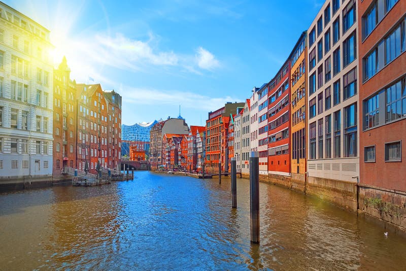 Beautiful view of famous Hamburg Speicherstadt warehouse district on a sunny day in summer, Hamburg, Germany