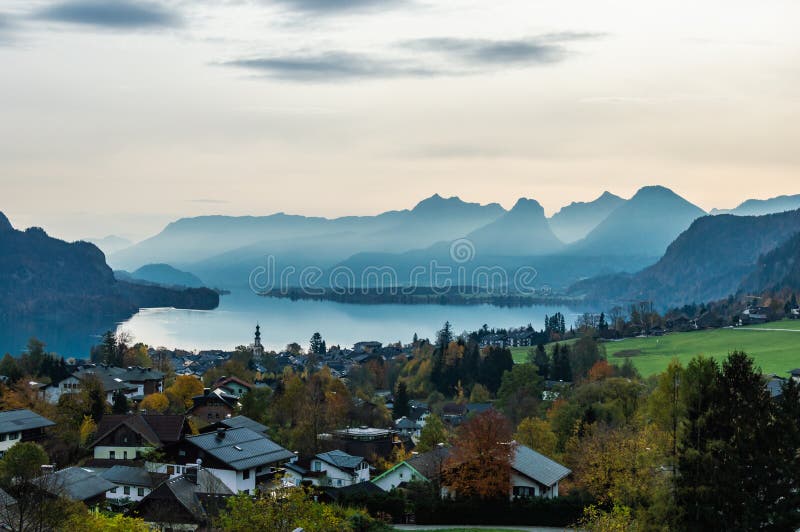 Beautiful view of  Fuschlsee lake, Upper Austria at dusk