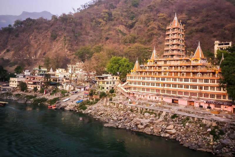 Beautiful view of Ganga river embankment, Tera Manzil Temple, Trimbakeshwar in Rishikesh, India