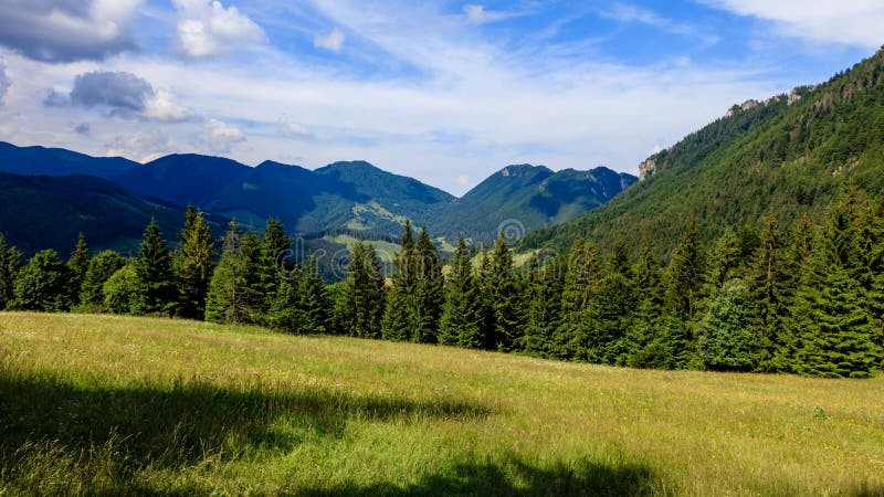 Beautiful view of a green mountain meadow with mountain ridge and blue cloudy sky in the background. Vratna dolina, Mala Fatra. On