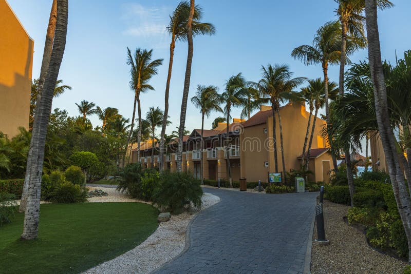 Beautiful view of hotel area. Yellow buildings surrounded of green palm trees and plants, stone-tiled paths on blue sky.