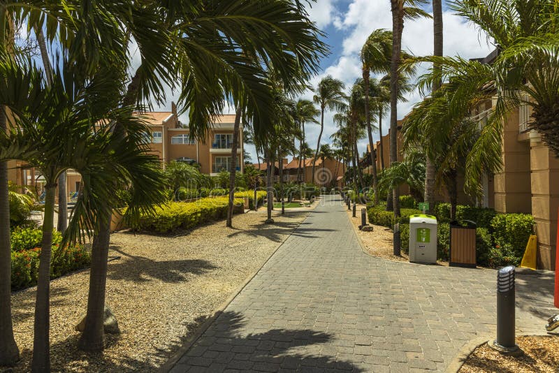 Beautiful view of hotel area. Yellow buldings surrounded of green palm trees and plants, stone-tiled paths on blue sky.