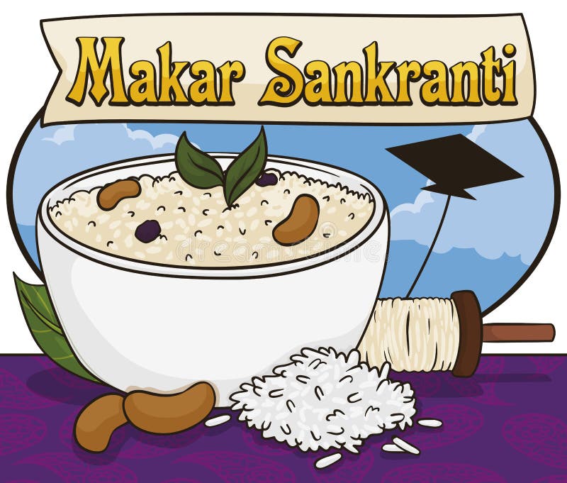 Sky with Kite, Reel and Pongal Dish during Makar Sankranti, Vector