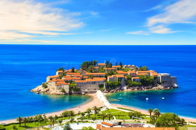 Beautiful view of the island-resort of St. Stefan Sveti Stefan on the Budva Riviera, Budva, Montenegro stock photo