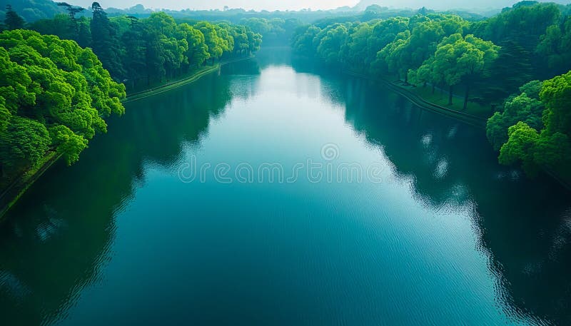 O priveliște frumoasă a unui lac înconjurat de copaci royalty free stock images