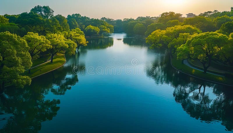 O priveliște frumoasă a unui lac cu copaci și soare stock image