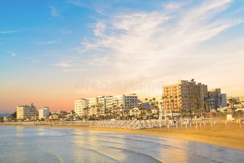 Beautiful view of the main street of Larnaca and Phinikoudes beach in Cyprus