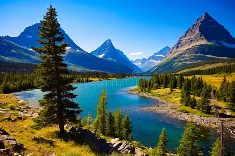 Vedere frumoasă a lacurilor muntoase și a munților din fundal. ai generativ stock illustration