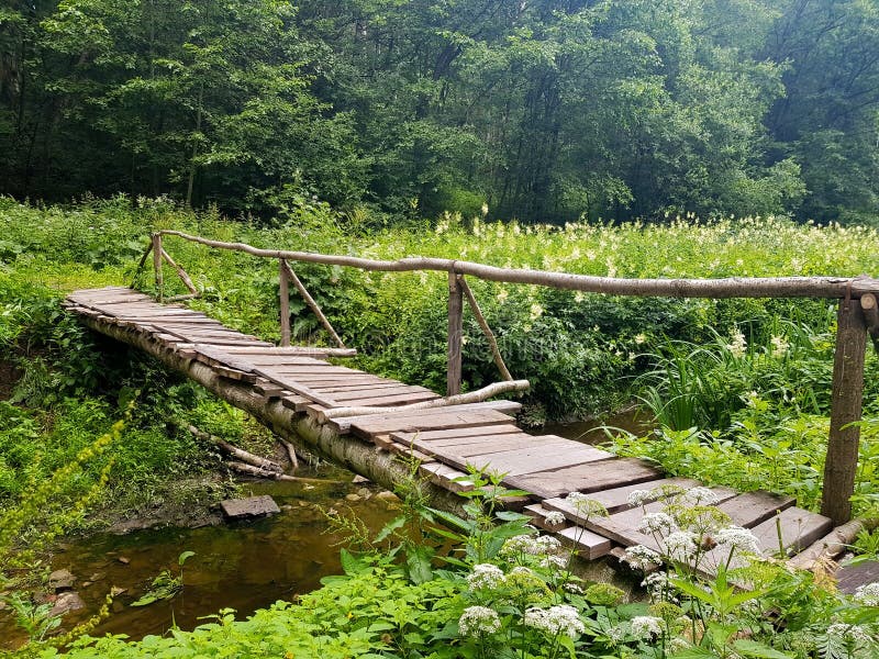 Beautiful View Of The Old Gray Wooden Bridge Over The River In The