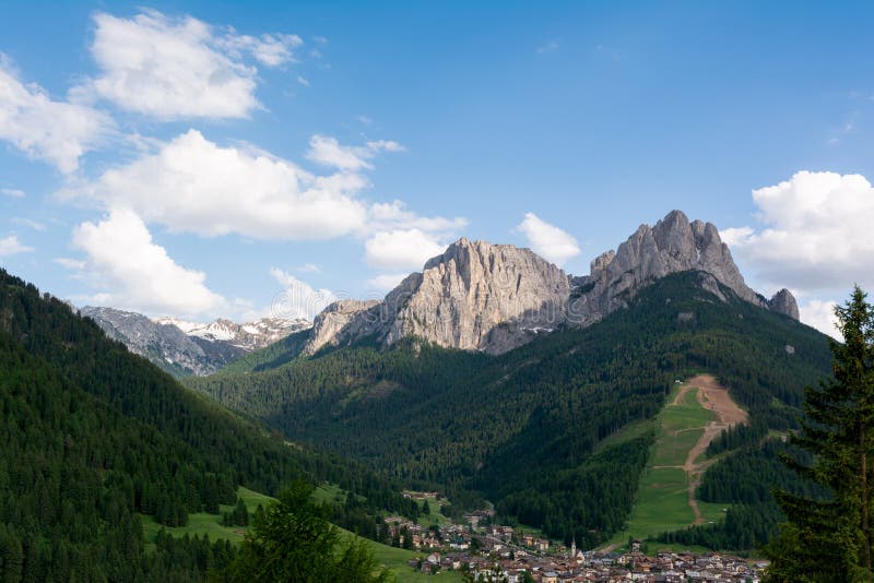 Beautiful view of Pera and Pozza di Fassa villages. Dolomites, Italy