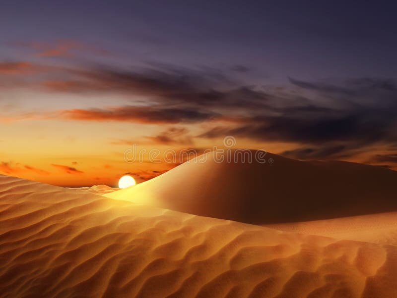 Beautiful view of sandy desert at sunset stock photos