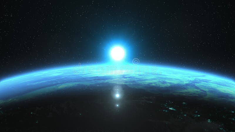 Beautiful sunrise over Earth, futuristic blue version, 3D animation stock illustration