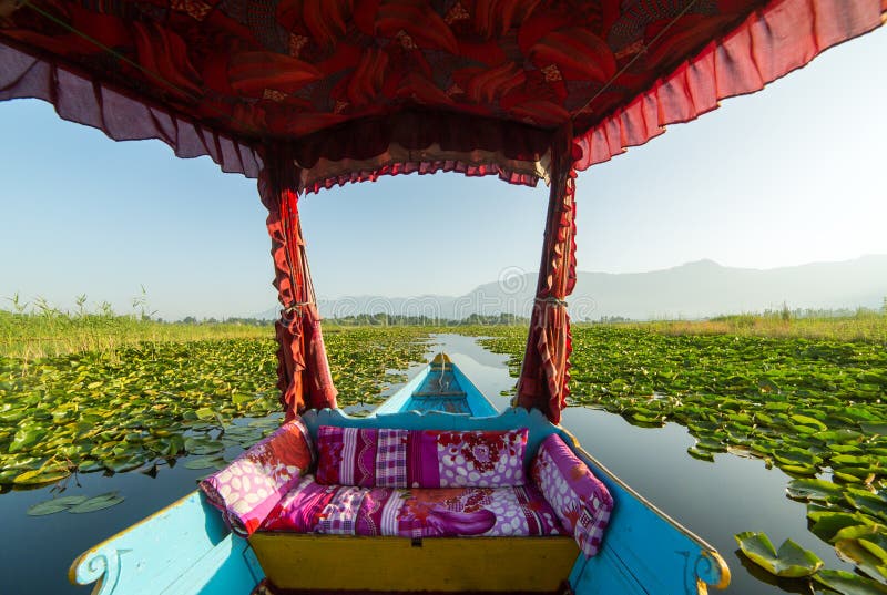 Beautiful view from the traditional shikara boat on Dal lake, Srinagar