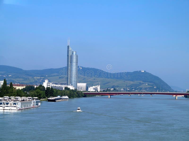 Beautiful view of Vienna cityscape with Danube river and bridge, ienna. Austria. stock photo Beautiful view of Vienna cityscape with Danube river and bridge, ienna. Austria. stock photo