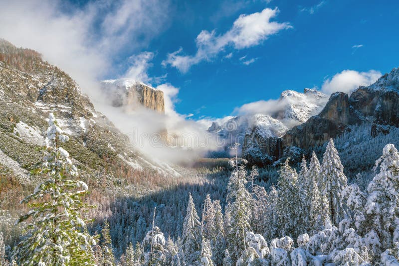 Beautiful view of yosemite national park winter season in California. USA stock photos