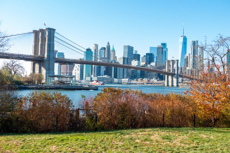 Beautiful Viewpoint of Manhattan, Brooklyn Bridge Park. Stock Image