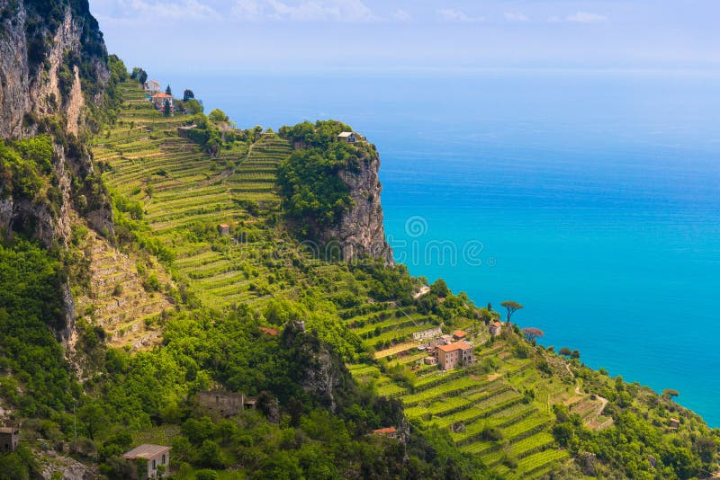 Beautiful views from path of the gods with lemon tree fields, Amalfi coast, Campagnia region, Italy