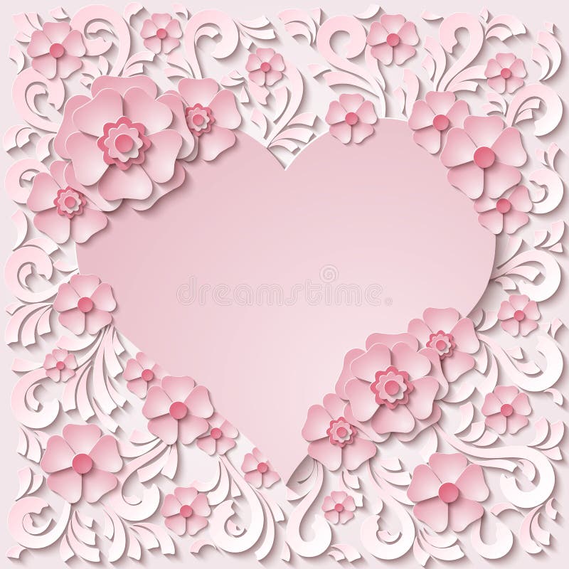 Beautiful vintage heart frame with 3d light pink paper cut flowers