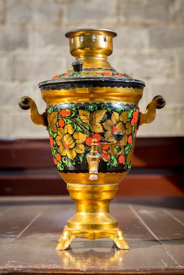 Beautiful vintage samovar with traditional pattern khokhloma royalty free stock image
