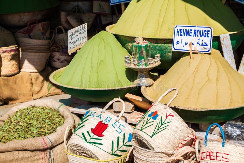 Beautiful vivid oriental market with baskets full of various spi