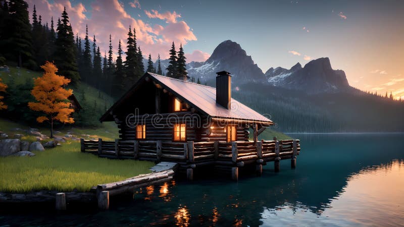 Beautiful Wallpaper of a Cabin on a Mountain with a Beautiful Lake ...