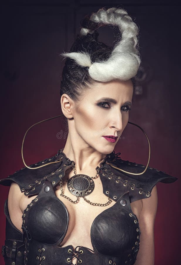 Portrait Of Fantasy Futuristic Queen With Flame Hair Stock Portrait Of Fantasy Futuristic Queen With Flame Hair Stock