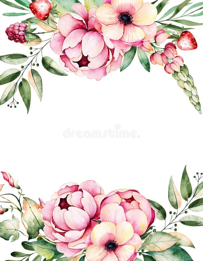 Beautiful Watercolor Card with Place for Text with  Flower,peonies,leaves,branches,lupin,air Plant,strawberry Stock  Illustration - Illustration of aquarelle, invitation: 74379392