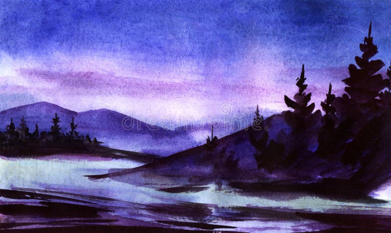 The morning rays of the sun colored high mountains with light a watercolor drawing of a sunny day a mountain landscape of a calm lake