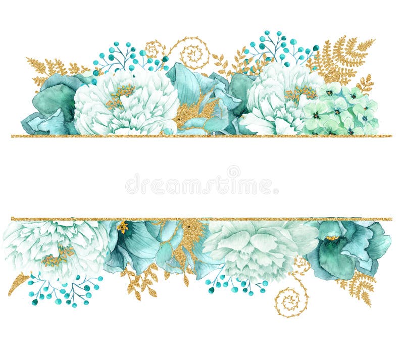 Beautiful Watercolor mint flowers frame. Mint gold wedding invites template