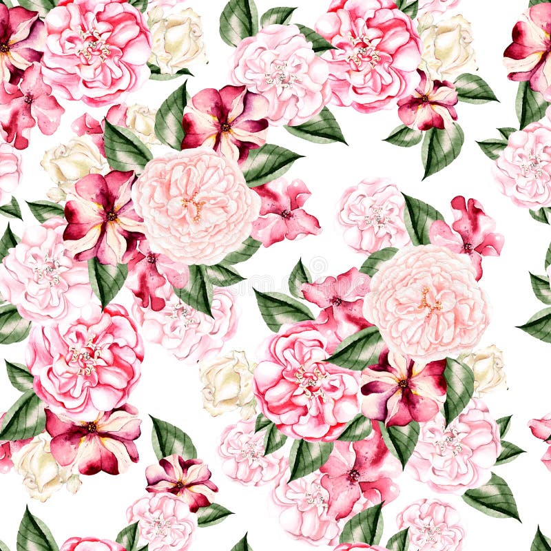 Beautiful watercolor pattern with flowers rose, peony and petunia flowers.