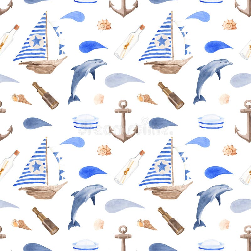Nautical watercolor seamless pattern. Texture for wallpaper, fabric, textiles, nautical design, scrapbooking, packaging. Nautical watercolor seamless pattern. Texture for wallpaper, fabric, textiles, nautical design, scrapbooking, packaging.