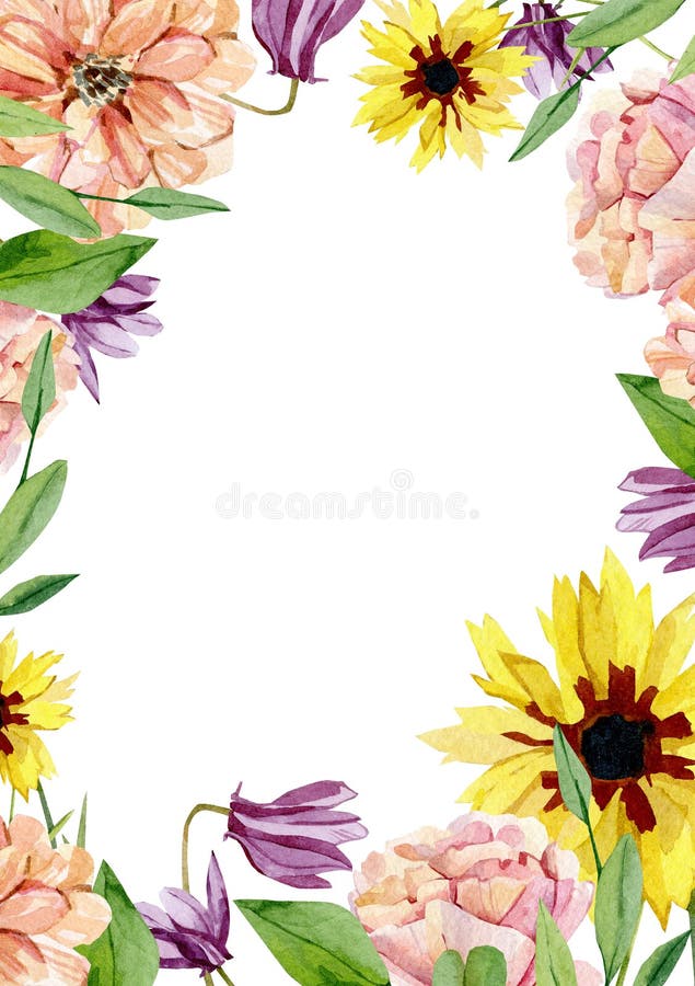 Beautiful watercolor wildflower frame with hand drawn wild floral, twigs, leaf, foliage for wedding invite, greeting card vector illustration Beautiful watercolor wildflower frame with hand drawn wild floral, twigs, leaf, foliage for wedding invite, greeting card vector illustration