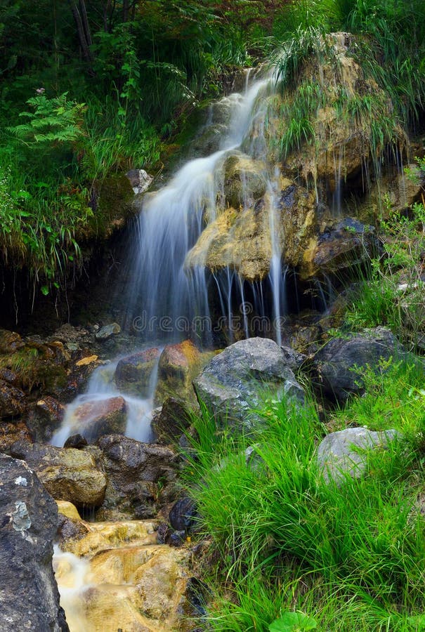 Beautiful waterfall in the forest making its way between rocks and green bushes stock photos