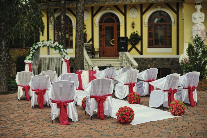 Beautiful Wedding Set Decoration in the Outdoor Ceremony. Petals of