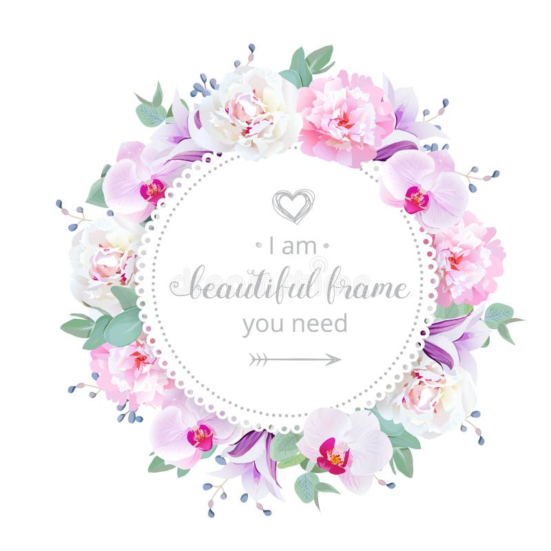 Beautiful wedding floral vector design frame. Pink and white peony, purple orchid, violet campanula flowers.