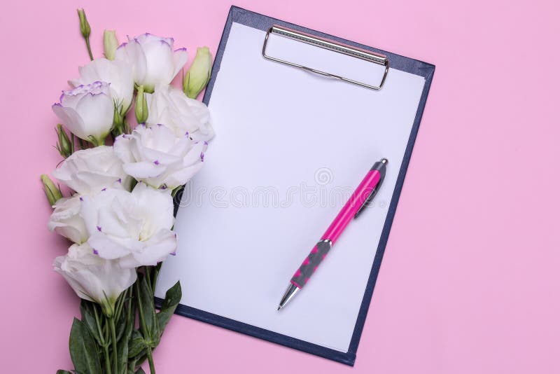 Beautiful white flowers. Eustoma bouquet with a blank for text on a bright pink background. view from above stock image