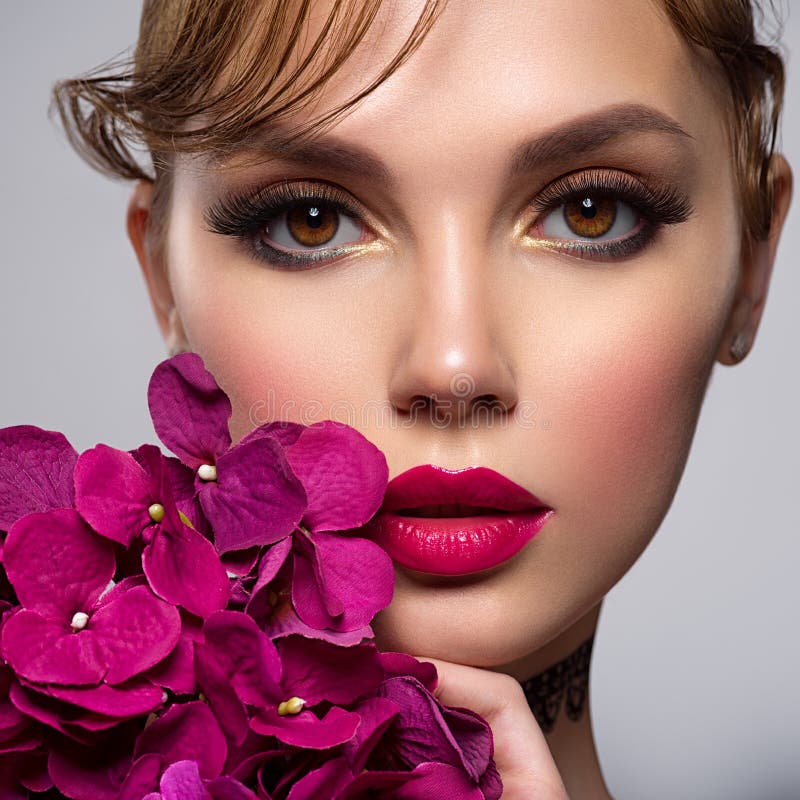 Beautiful Girl with Purple Flowers in Her Hair, Fashion Art Photo Stock ...