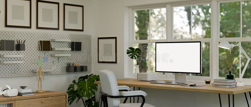 Beautiful White Home Office Interior Design with Computer Mockup on